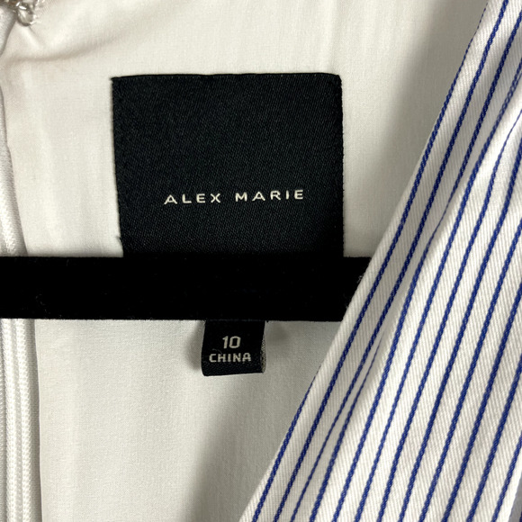 Alex Marie Fit Flare Dress Womens 10 Pinstripe Cinch Puff Sleeve Classy Minimal - Picture 8 of 14